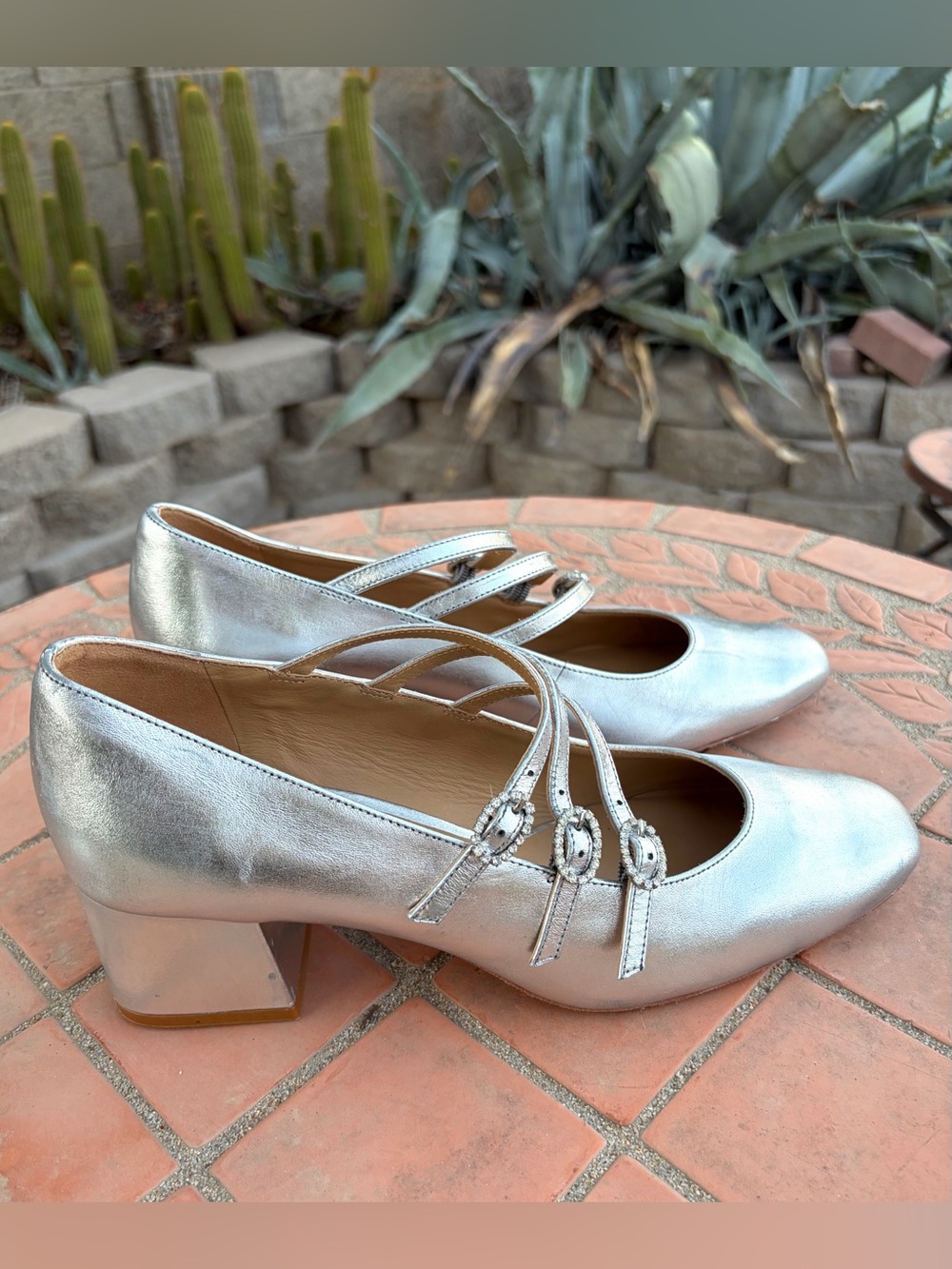 Reformation Mimi Silver Leather Mary Jane Block Heel Pumps